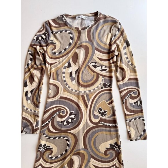 ZARA Beige Brown Graphic Print Knit Long Sleeve Bodycon Maxi Dress, Size M - Picture 5 of 15